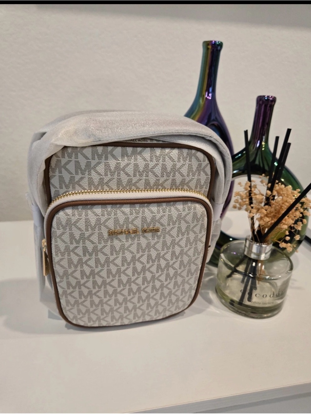 Michael Kors Cream Logo Mini Backpack with Tan Trim